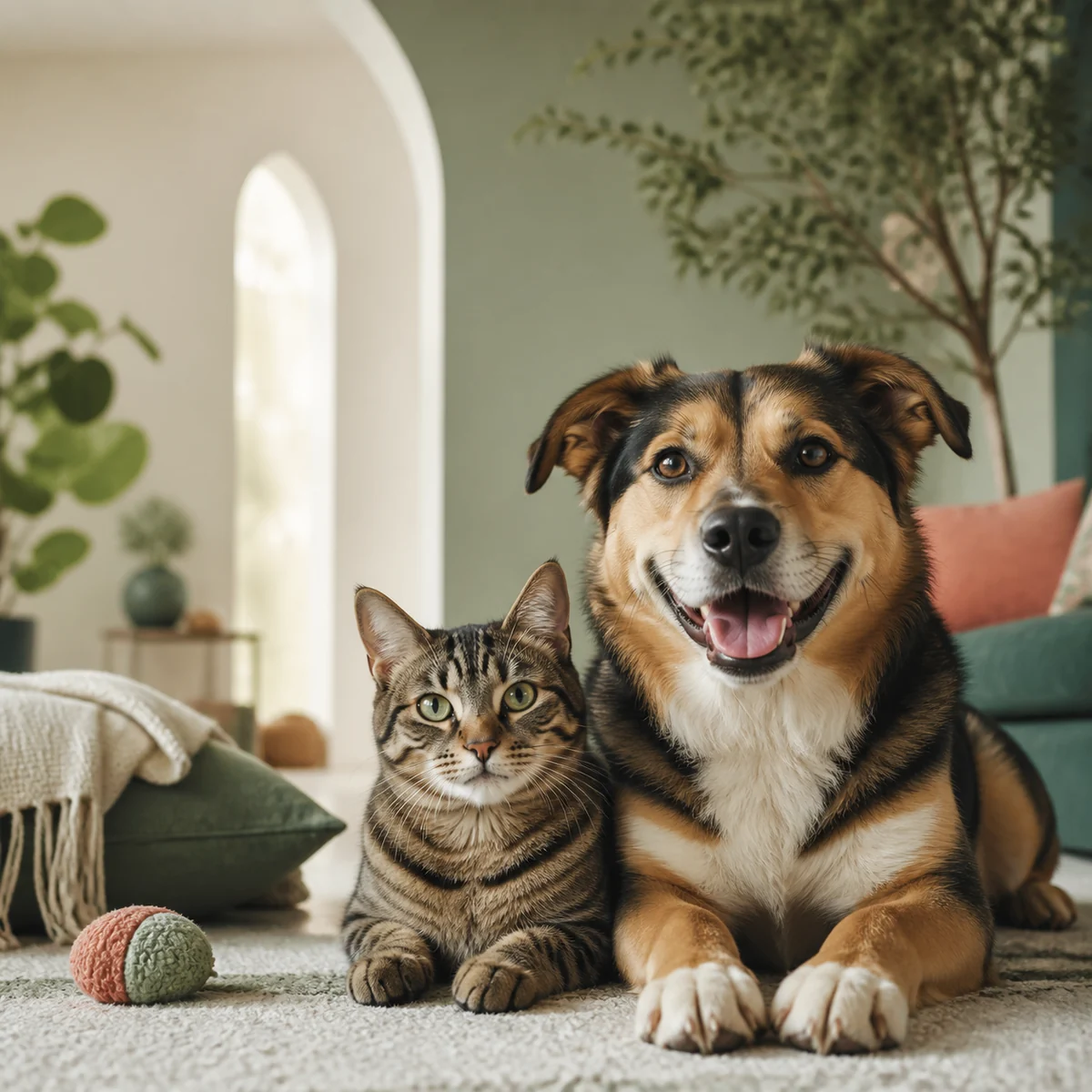 Ev ortamında yan yana duran kedi ve köpek